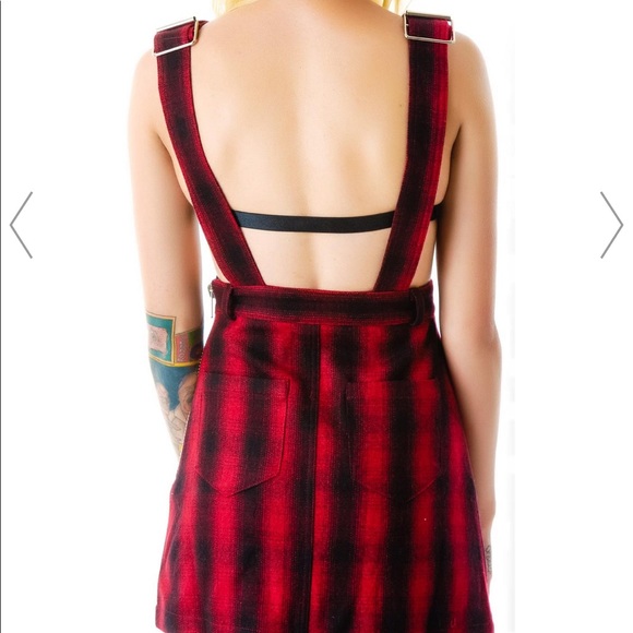 UNIF Brixton Red Plaid Wool Blend Jumper Dress With Large Zip Pocket - Picture 2 of 7